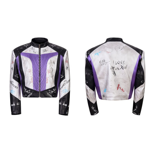 Short Stand-up Collar Graffiti Leather Jacket For Men