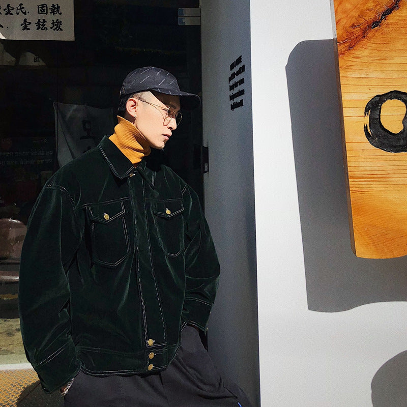 Hong Kong Style all-match Dark Green Velvet Jacket Men
