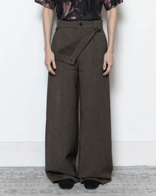 Men's Olive Brown Asymmetric Flap Wide-Leg Cotton Blend Trousers