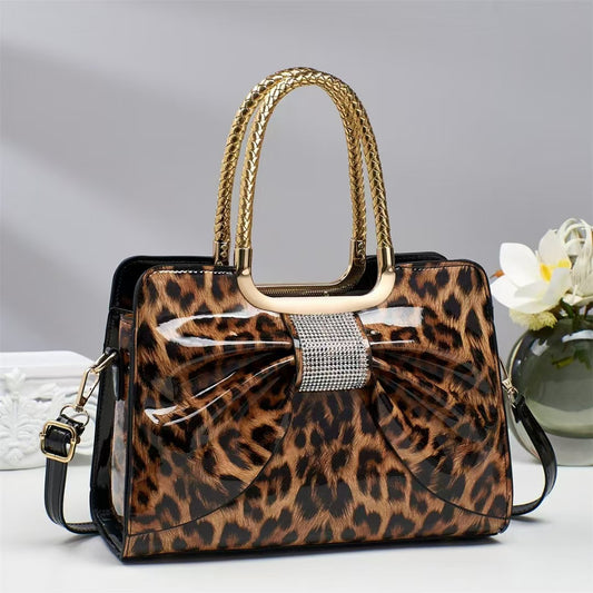 Hot-stone Embellished Fashionable Versatile Chic Leopard-print Womens Bag