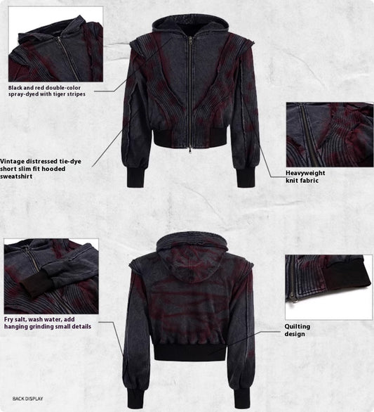 Retro Vintage Tie Dye Short Fit Hooded Sweatshirt Jacket For Men