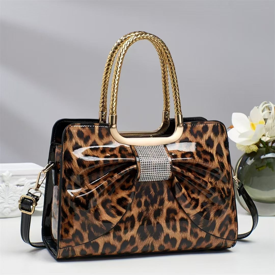 Hot-stone Embellished Fashionable Versatile Chic Leopard-print Womens Bag