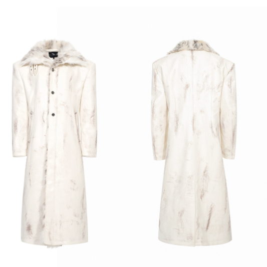 Hand-painted Distressed Long Leather Coat For Men