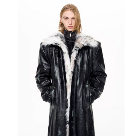 Hand-painted Distressed Long Leather Coat For Men