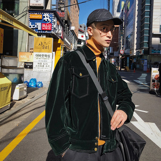 Hong Kong Style all-match Dark Green Velvet Jacket Men