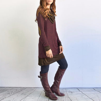 New Women Long Sleeve Patchwork Pullover Elbow Patches Cowl Neck Femme Long Tops Casual Spring Autumn Blouse Shirts Thin