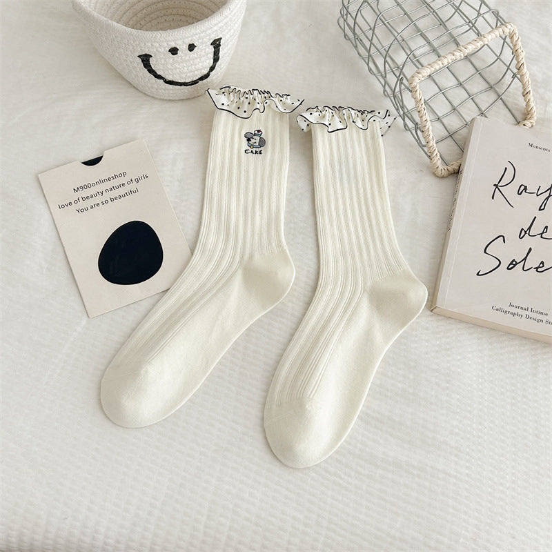 Pure Cotton Lace Cartoon Embroidered Mid-calf Socks