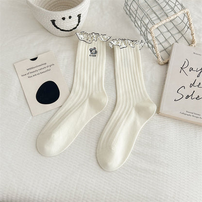 Pure Cotton Lace Cartoon Embroidered Mid-calf Socks