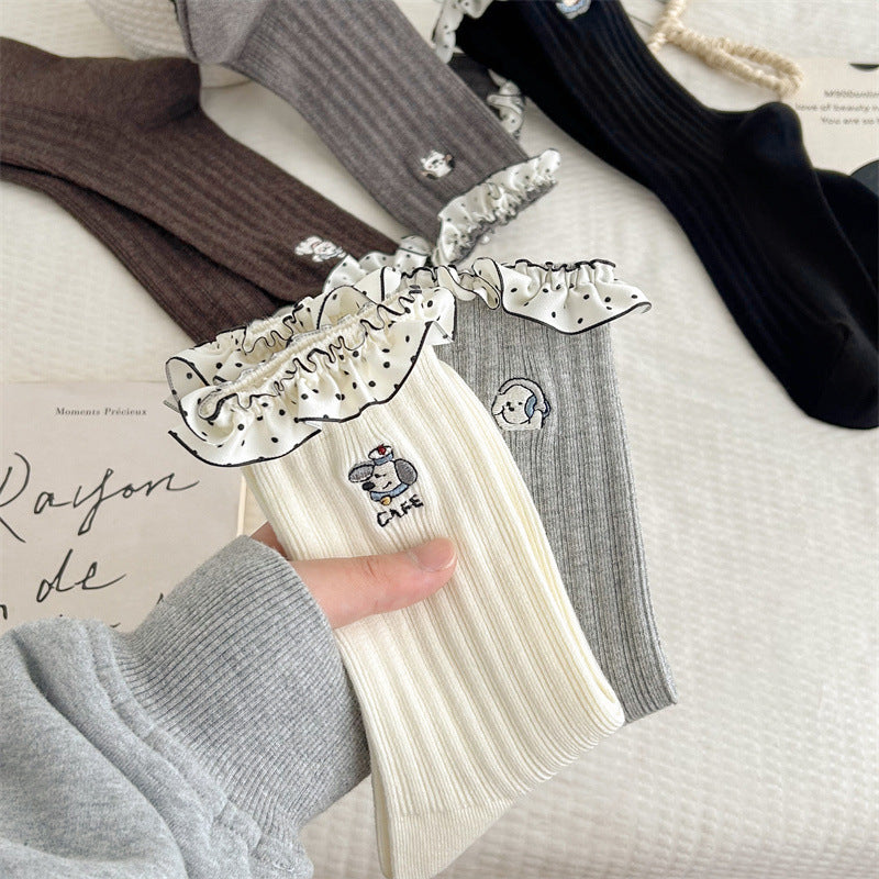 Pure Cotton Lace Cartoon Embroidered Mid-calf Socks
