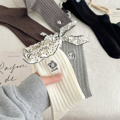 Pure Cotton Lace Cartoon Embroidered Mid-calf Socks