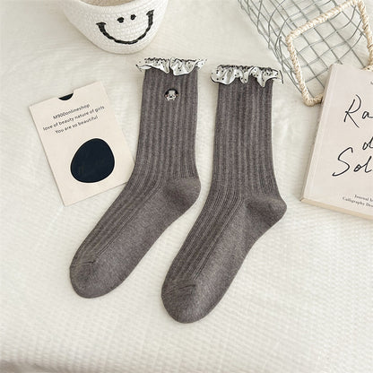 Pure Cotton Lace Cartoon Embroidered Mid-calf Socks