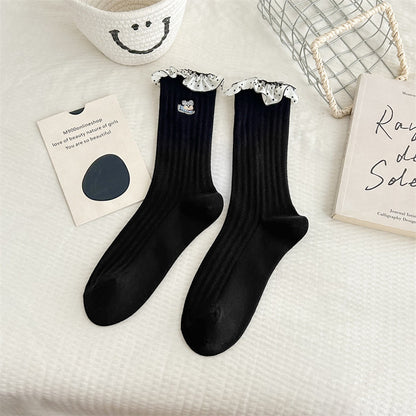 Pure Cotton Lace Cartoon Embroidered Mid-calf Socks