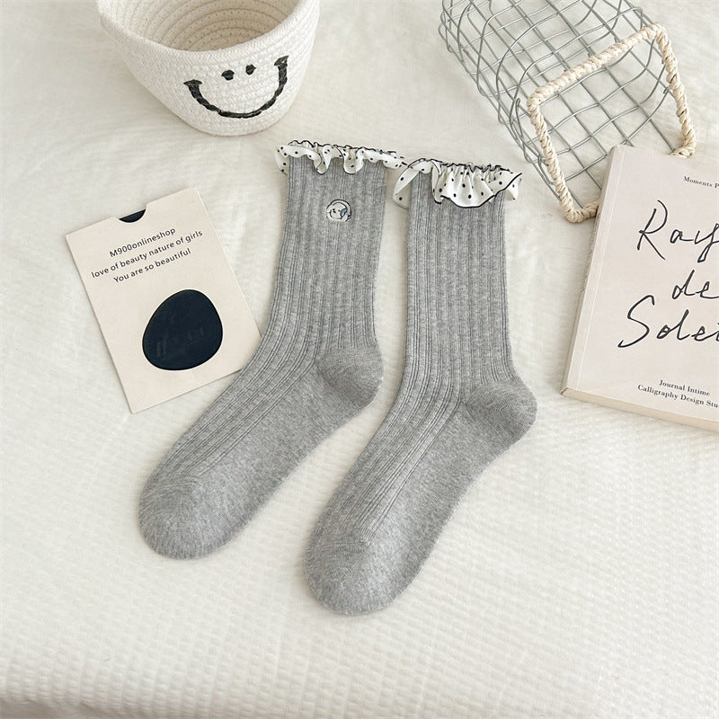 Pure Cotton Lace Cartoon Embroidered Mid-calf Socks
