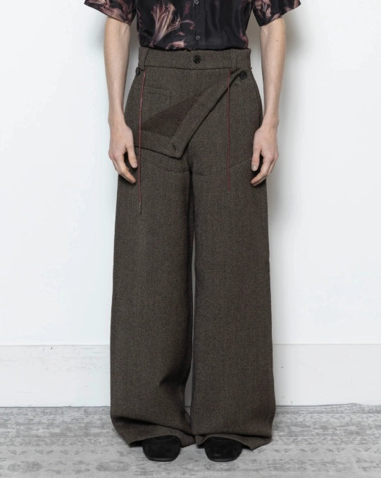 Men's Olive Brown Asymmetric Flap Wide-Leg Cotton Blend Trousers