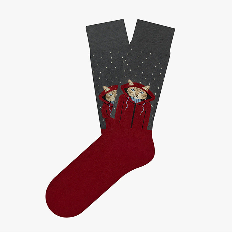 Cartoon Animal Cat Jacquard Trendy Socks Unisex Couple Cotton Mid-Calf Socks