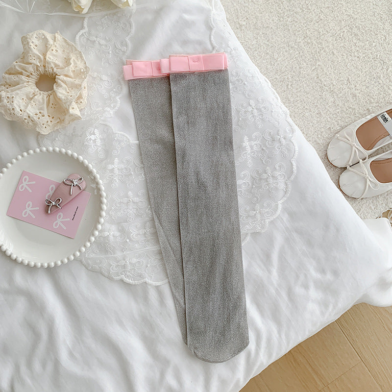 Cotton Calf-length Socks For Women With Silver-thread Bow