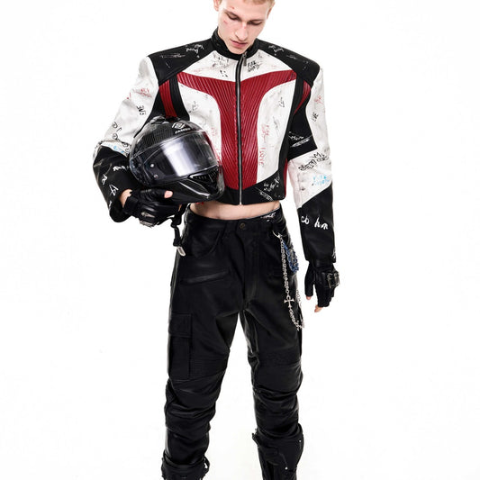 Short Stand-up Collar Graffiti Leather Jacket For Men