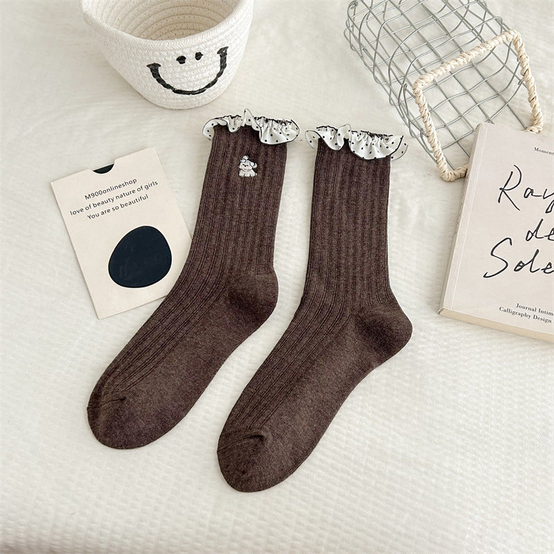 Pure Cotton Lace Cartoon Embroidered Mid-calf Socks