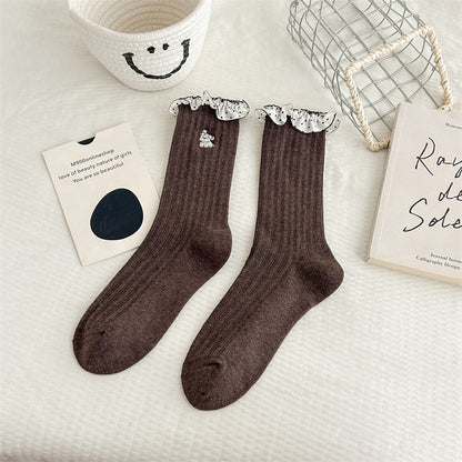 Pure Cotton Lace Cartoon Embroidered Mid-calf Socks