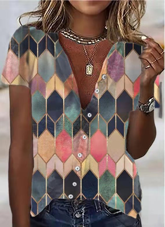 Summer New Women's Shirts European And American Printed Loose Short-sleeved Shirts
