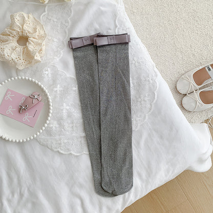 Cotton Calf-length Socks For Women With Silver-thread Bow