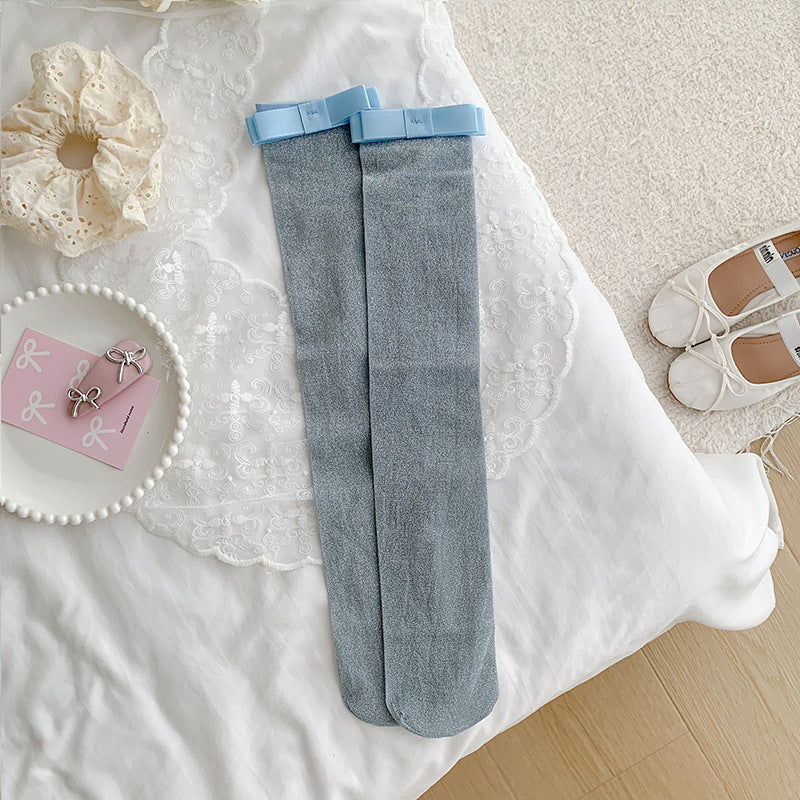 Cotton Calf-length Socks For Women With Silver-thread Bow