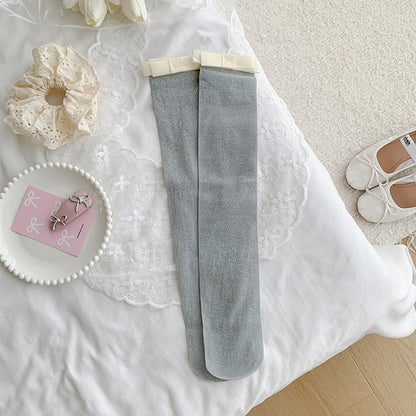 Cotton Calf-length Socks For Women With Silver-thread Bow